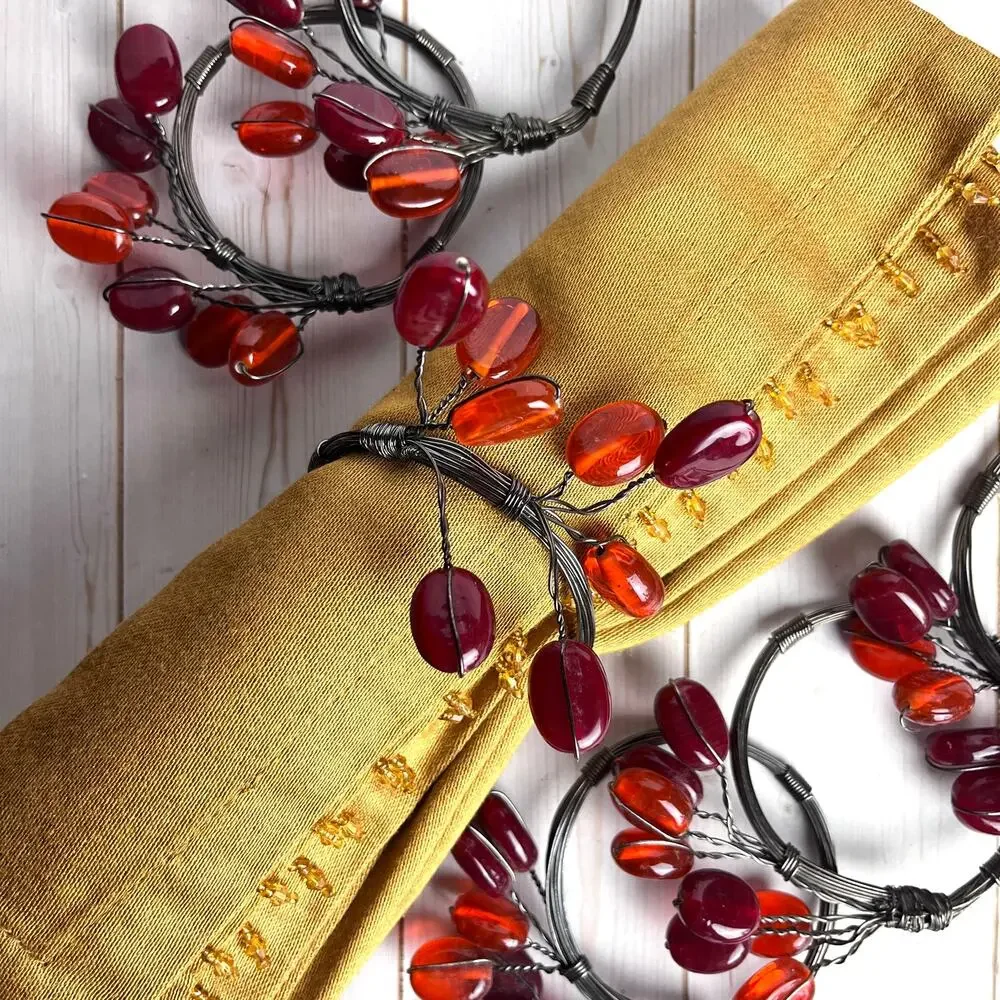Set of 10 Wrapped Wire Napkin Rings Amber & Red Glass Beads Holiday Tablescape